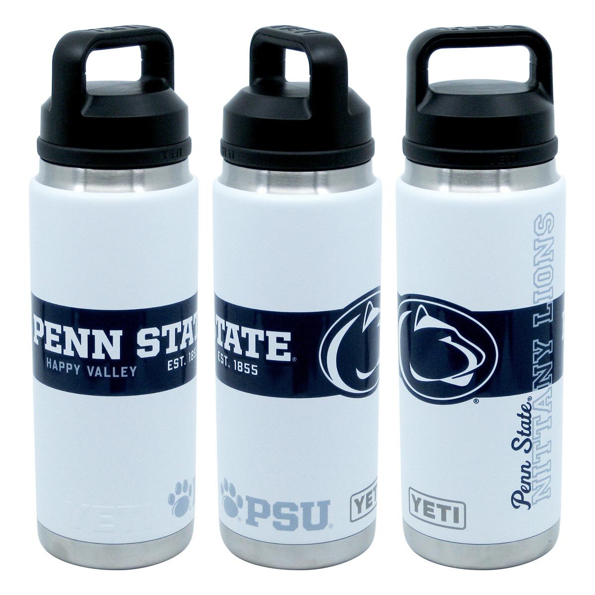 3 views of white Yeti bottle with Penn State wrap